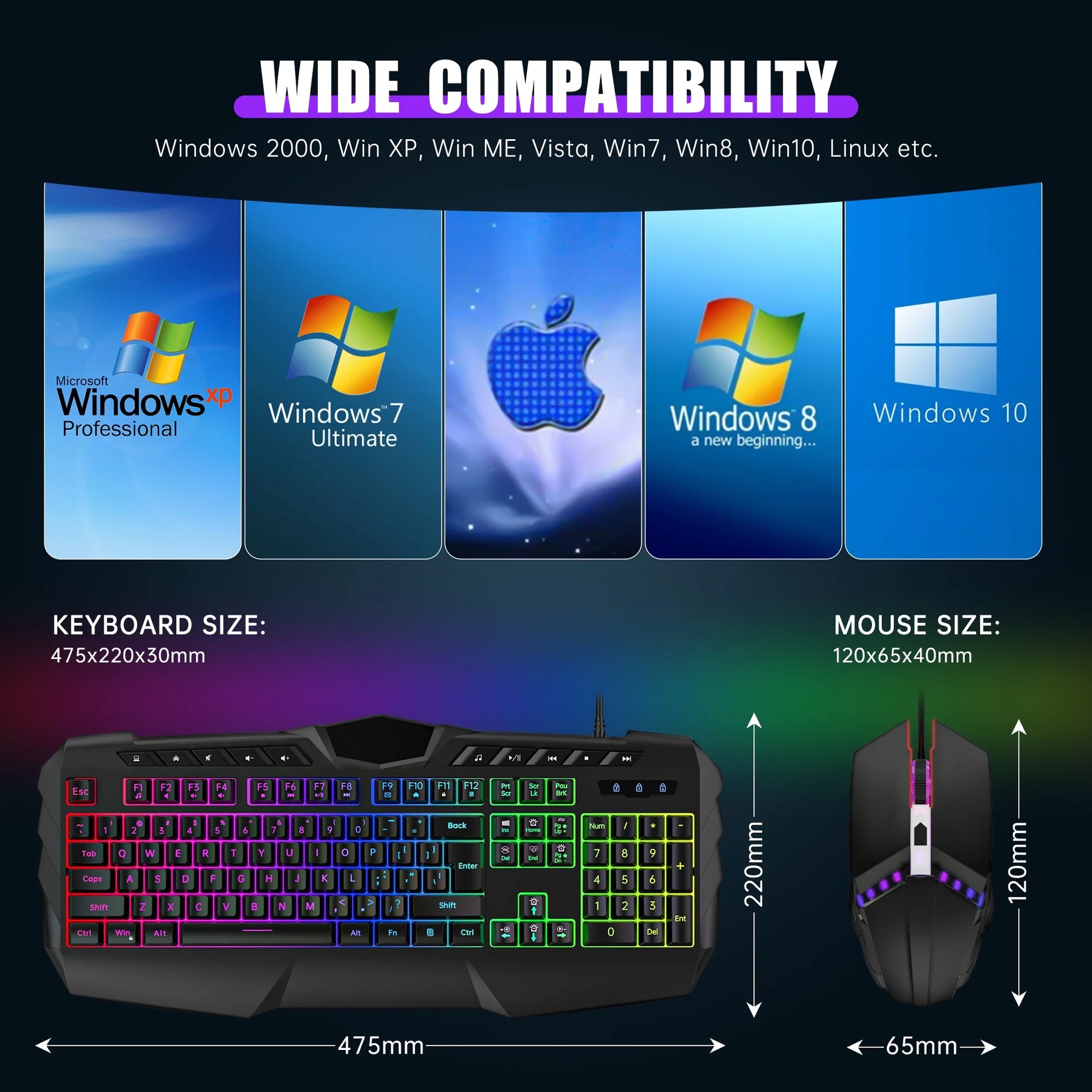 Rainbow LED Backlit Wired Gaming Keyboard