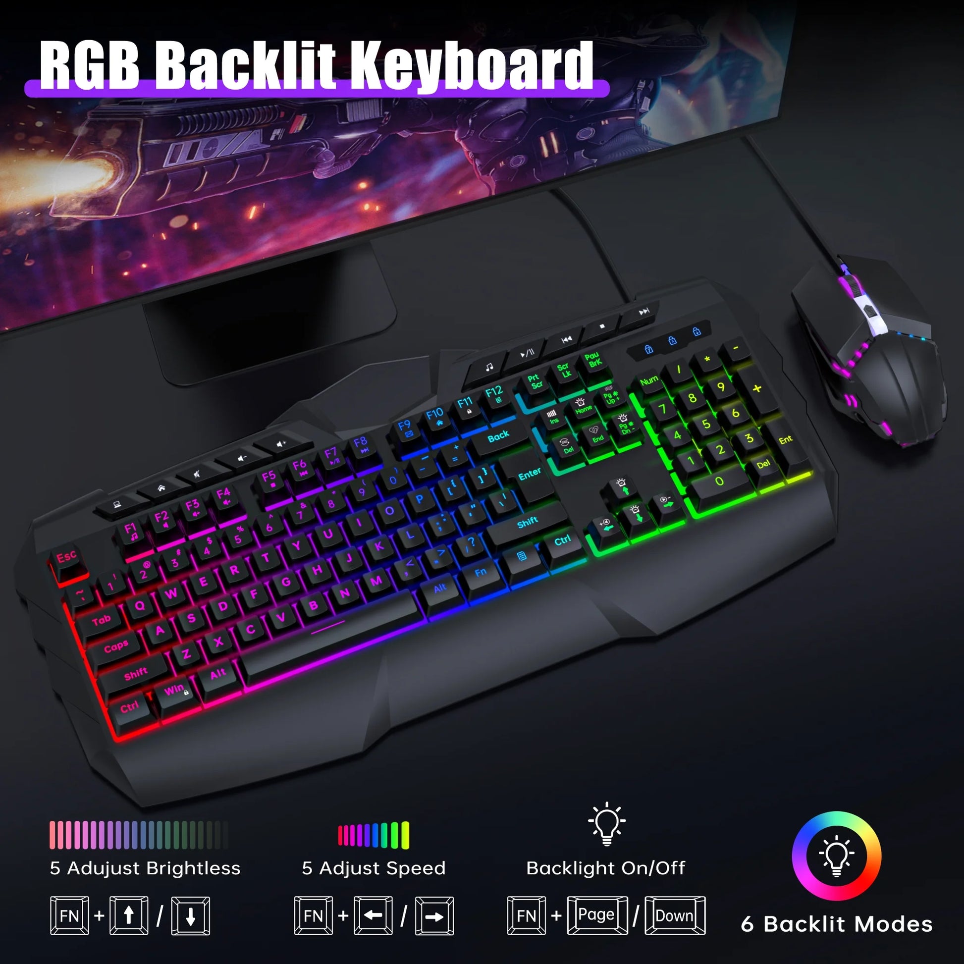 Rainbow LED Backlit Wired Gaming Keyboard