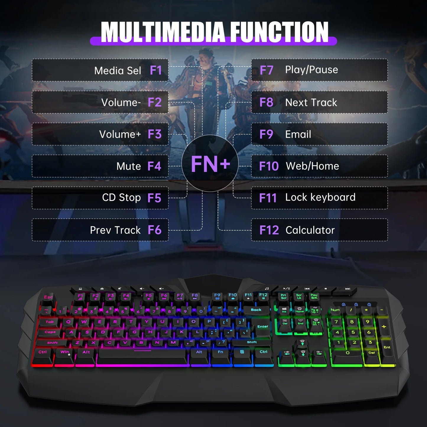 Rainbow LED Backlit Wired Gaming Keyboard